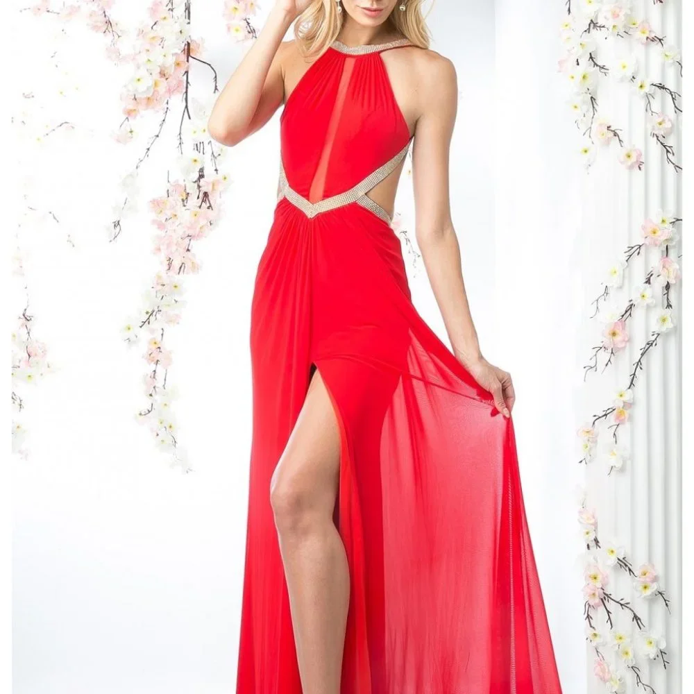 Halter Neck Sheath Leg Slit Prom Dress CDKD019